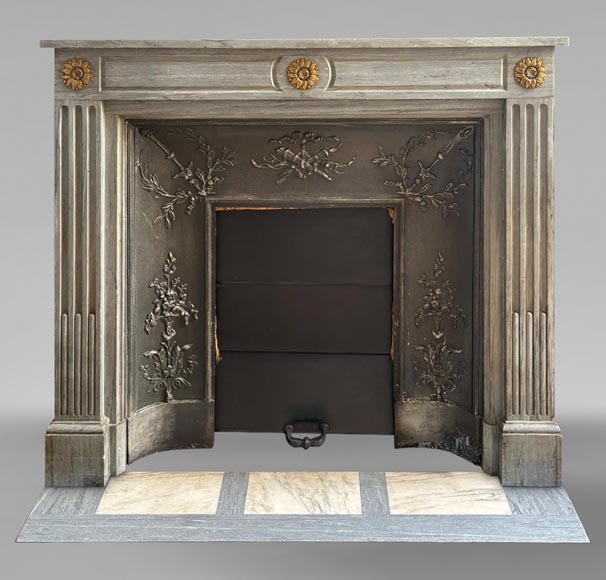 Louis XVI style mantel in light blue Turquin marble decorated with bronze sunflowers Louis XVI style mantel in light blue Turquin marble decorated with bronze sunflowers-0