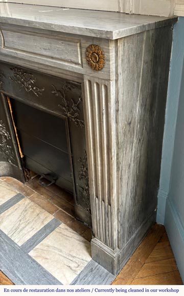 Louis XVI style mantel in light blue Turquin marble decorated with bronze sunflowers Louis XVI style mantel in light blue Turquin marble decorated with bronze sunflowers-5