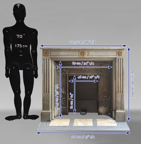 Louis XVI style mantel in light blue Turquin marble decorated with bronze sunflowers Louis XVI style mantel in light blue Turquin marble decorated with bronze sunflowers-9