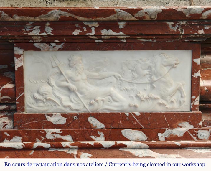 Louis XIV style mantel in Incarnat Turquin marble, decorated by a Poseidon carved in statuary marble Louis XIV style mantel in Incarnat Turquin marble, decorated by a Poseidon carved in statuary marble-1