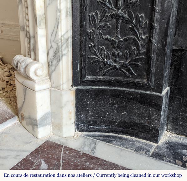 Louis XVI style Arabescato marble mantel with curved entablature decorated with a laurel wreath Louis XVI style Arabescato marble mantel with curved entablature decorated with a laurel wreath-6
