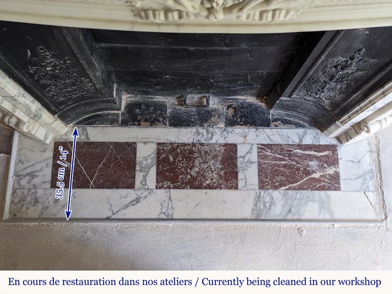 Louis XVI style Arabescato marble mantel with curved entablature decorated with a laurel wreath Louis XVI style Arabescato marble mantel with curved entablature decorated with a laurel wreath-11