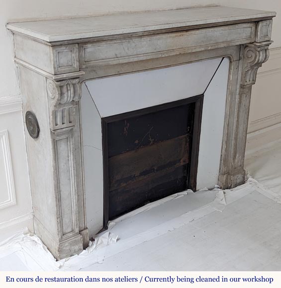 Napoleon III style mantel with modillion in Carrara marble Napoleon III style mantel with modillion in Carrara marble-2