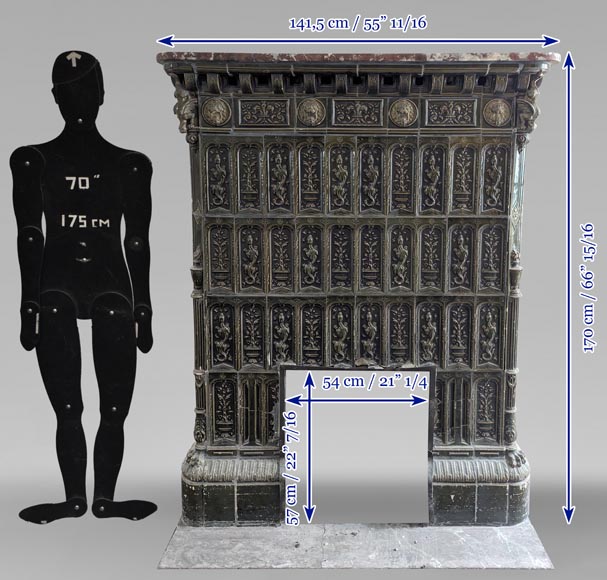 Large Napoleon III style stove in green earthenware decorated with salamanders Large Napoleon III style stove in green earthenware decorated with salamanders-13