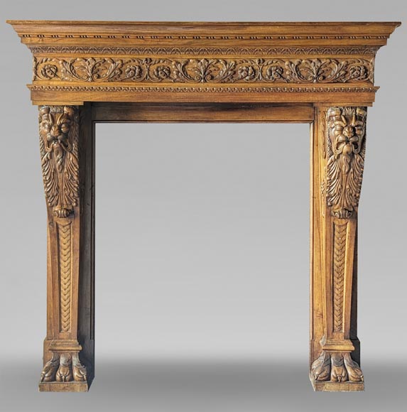 Neo Renaissance style carved walnut wood mantel with lion heads and paws Neo Renaissance style carved walnut wood mantel with lion heads and paws-0