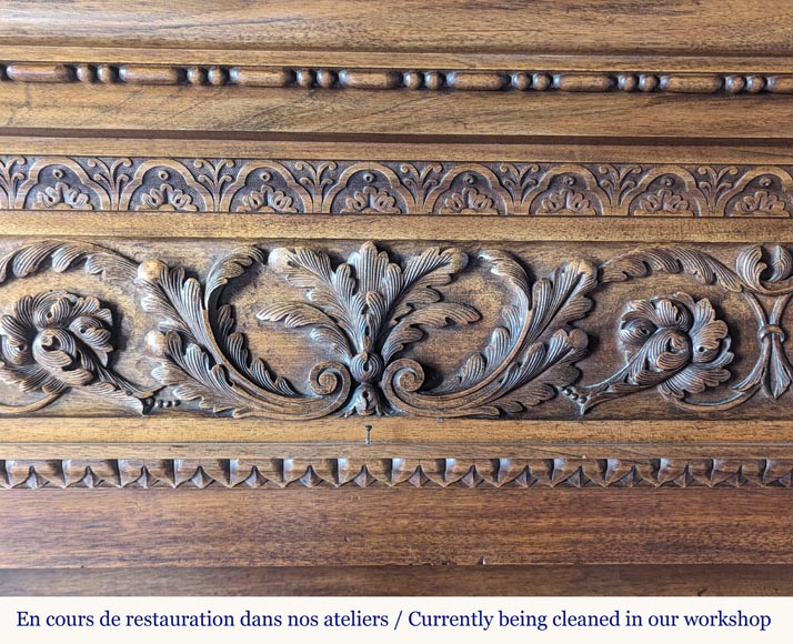Neo Renaissance style carved walnut wood mantel with lion heads and paws Neo Renaissance style carved walnut wood mantel with lion heads and paws-1