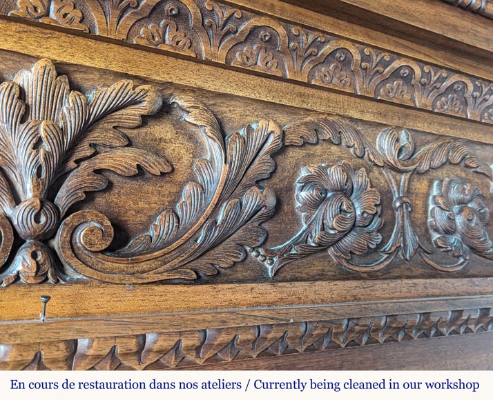 Neo Renaissance style carved walnut wood mantel with lion heads and paws Neo Renaissance style carved walnut wood mantel with lion heads and paws-2