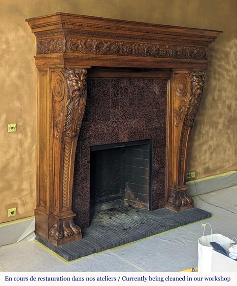 Neo Renaissance style carved walnut wood mantel with lion heads and paws Neo Renaissance style carved walnut wood mantel with lion heads and paws-3