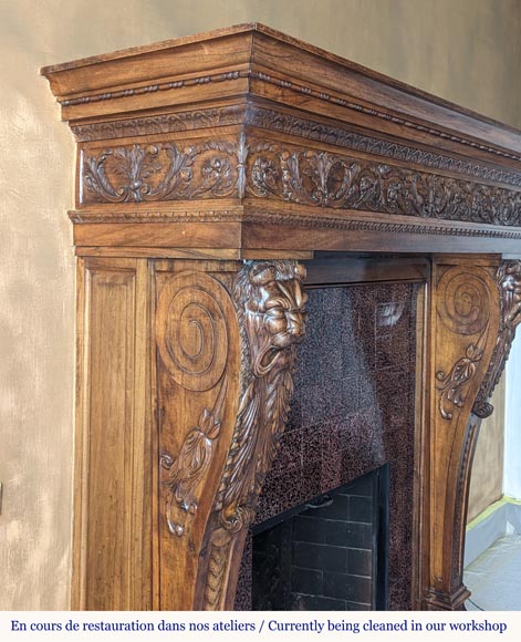 Neo Renaissance style carved walnut wood mantel with lion heads and paws Neo Renaissance style carved walnut wood mantel with lion heads and paws-4