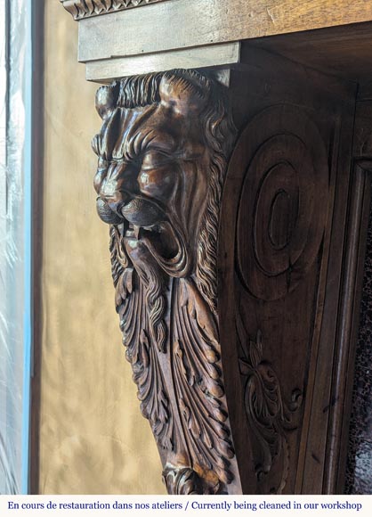 Neo Renaissance style carved walnut wood mantel with lion heads and paws Neo Renaissance style carved walnut wood mantel with lion heads and paws-5