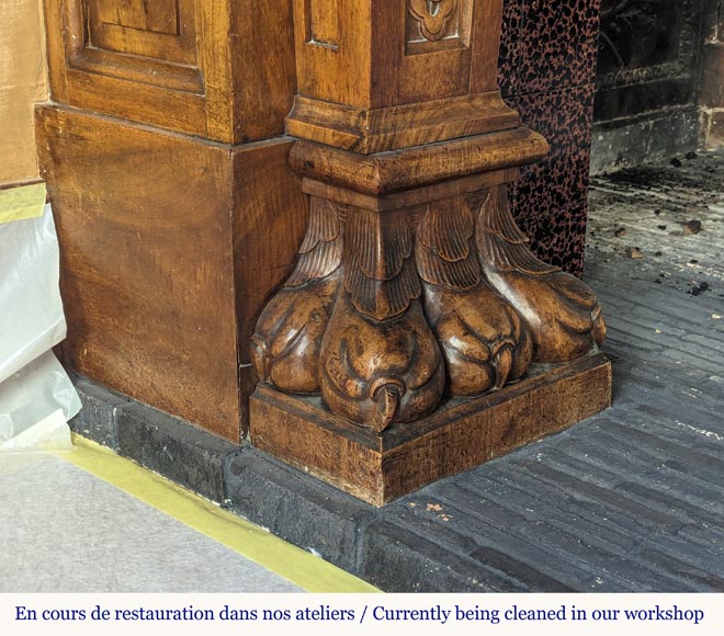 Neo Renaissance style carved walnut wood mantel with lion heads and paws Neo Renaissance style carved walnut wood mantel with lion heads and paws-8