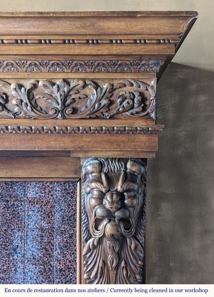 Neo Renaissance style carved walnut wood mantel with lion heads and paws Neo Renaissance style carved walnut wood mantel with lion heads and paws-10