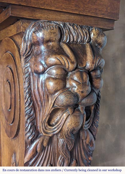 Neo Renaissance style carved walnut wood mantel with lion heads and paws Neo Renaissance style carved walnut wood mantel with lion heads and paws-11