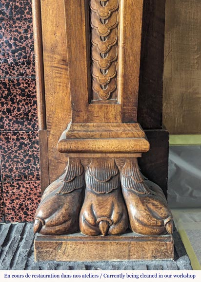 Neo Renaissance style carved walnut wood mantel with lion heads and paws Neo Renaissance style carved walnut wood mantel with lion heads and paws-12
