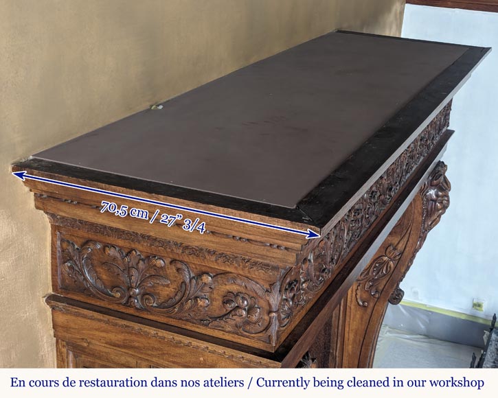 Neo Renaissance style carved walnut wood mantel with lion heads and paws Neo Renaissance style carved walnut wood mantel with lion heads and paws-13