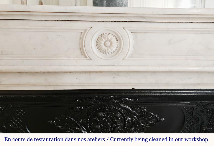 Louis XVI style Carrara marble mantel with floral and sunflower ornaments Louis XVI style Carrara marble mantel with floral and sunflower ornaments-1