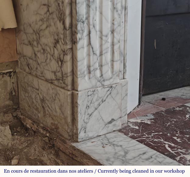 Louis XVI style molded mantel in highly veined Carrara marble Louis XVI style molded mantel in highly veined Carrara marble-4