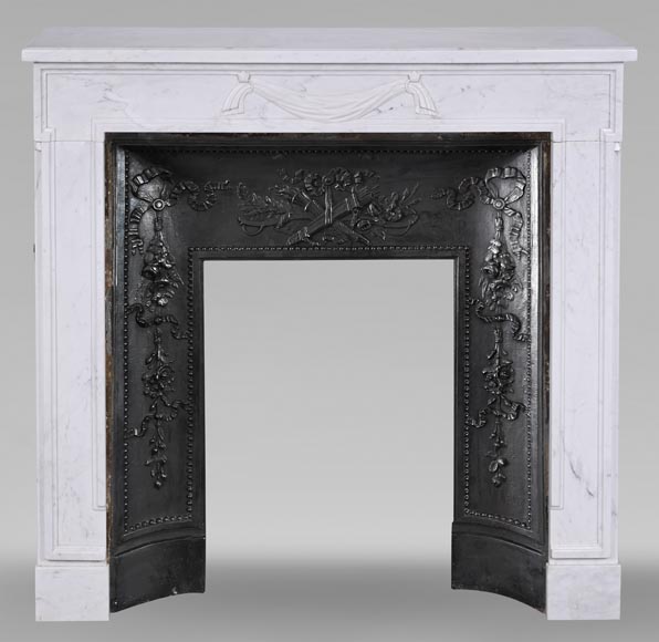 Small Louis XVI style mantel with carved drapery in carrare marble Small Louis XVI style mantel with carved drapery in carrare marble-0