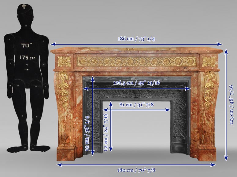 Large Louis XVI style mantel in red breche marble adorned with bronze. Large Louis XVI style mantel in red breche marble adorned with bronze.-13