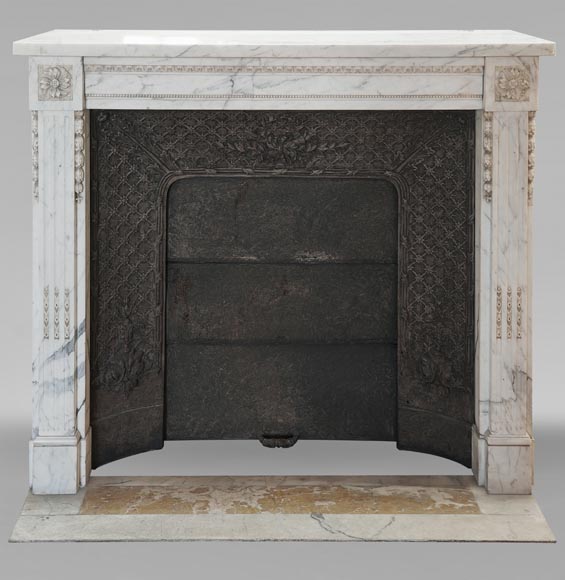 Louis XVI style mantel with pilaster feet carved in veined Carrara marble Louis XVI style mantel with pilaster feet carved in veined Carrara marble-0