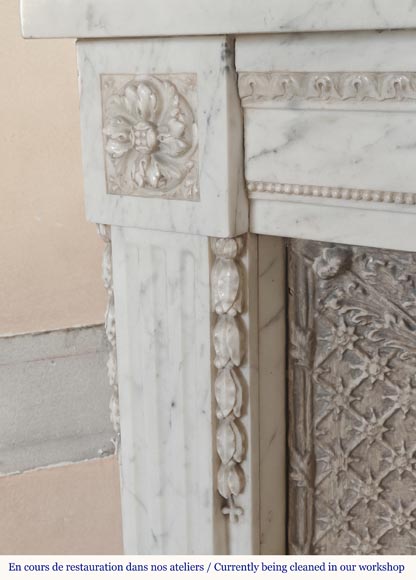 Louis XVI style mantel with pilaster feet carved in veined Carrara marble Louis XVI style mantel with pilaster feet carved in veined Carrara marble-4