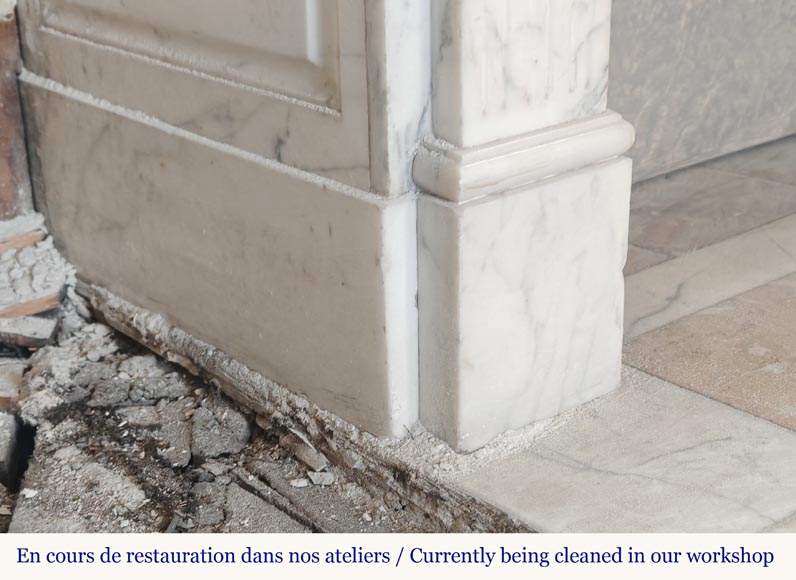 Louis XVI style mantel with pilaster feet carved in veined Carrara marble Louis XVI style mantel with pilaster feet carved in veined Carrara marble-5