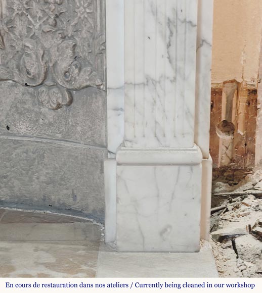 Louis XVI style mantel with pilaster feet carved in veined Carrara marble Louis XVI style mantel with pilaster feet carved in veined Carrara marble-8