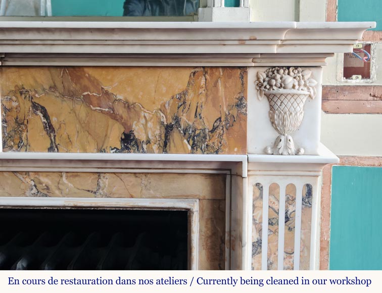 Louis XVI style two-tone fireplace in Carrara white and Sienna yellow, decorated with flower vases Louis XVI style two-tone fireplace in Carrara white and Sienna yellow, decorated with flower vases-6