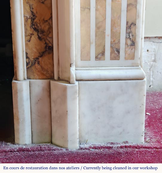 Louis XVI style two-tone fireplace in Carrara white and Sienna yellow, decorated with flower vases Louis XVI style two-tone fireplace in Carrara white and Sienna yellow, decorated with flower vases-7