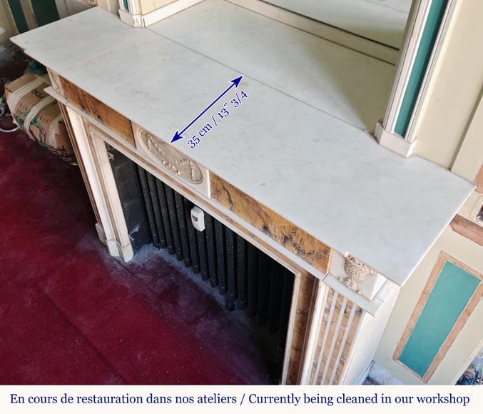 Louis XVI style two-tone fireplace in Carrara white and Sienna yellow, decorated with flower vases Louis XVI style two-tone fireplace in Carrara white and Sienna yellow, decorated with flower vases-9