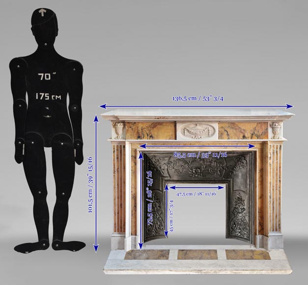 Louis XVI style two-tone fireplace in Carrara white and Sienna yellow, decorated with flower vases Louis XVI style two-tone fireplace in Carrara white and Sienna yellow, decorated with flower vases-10