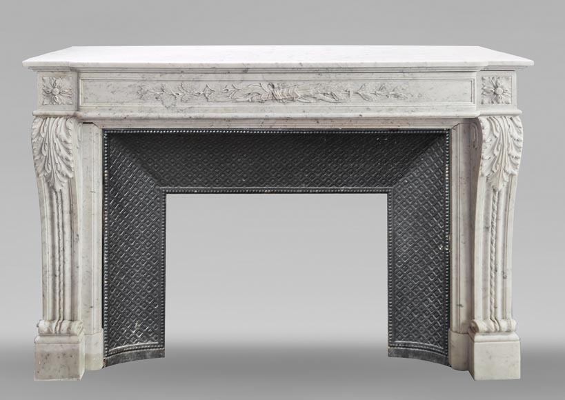Louis XVI style fireplace in Carrara marble decorated with a bow and a quiver Louis XVI style fireplace in Carrara marble decorated with a bow and a quiver-0