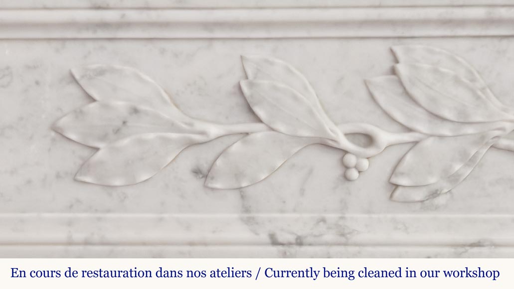 Louis XVI style fireplace in Carrara marble decorated with a bow and a quiver Louis XVI style fireplace in Carrara marble decorated with a bow and a quiver-5