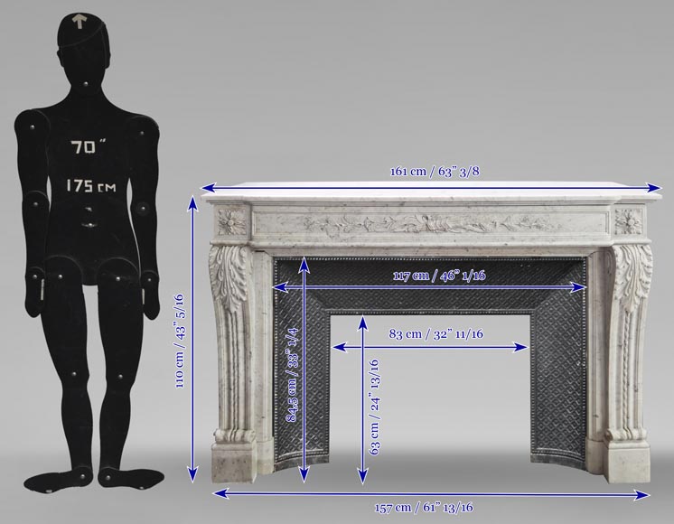 Louis XVI style fireplace in Carrara marble decorated with a bow and a quiver Louis XVI style fireplace in Carrara marble decorated with a bow and a quiver-14