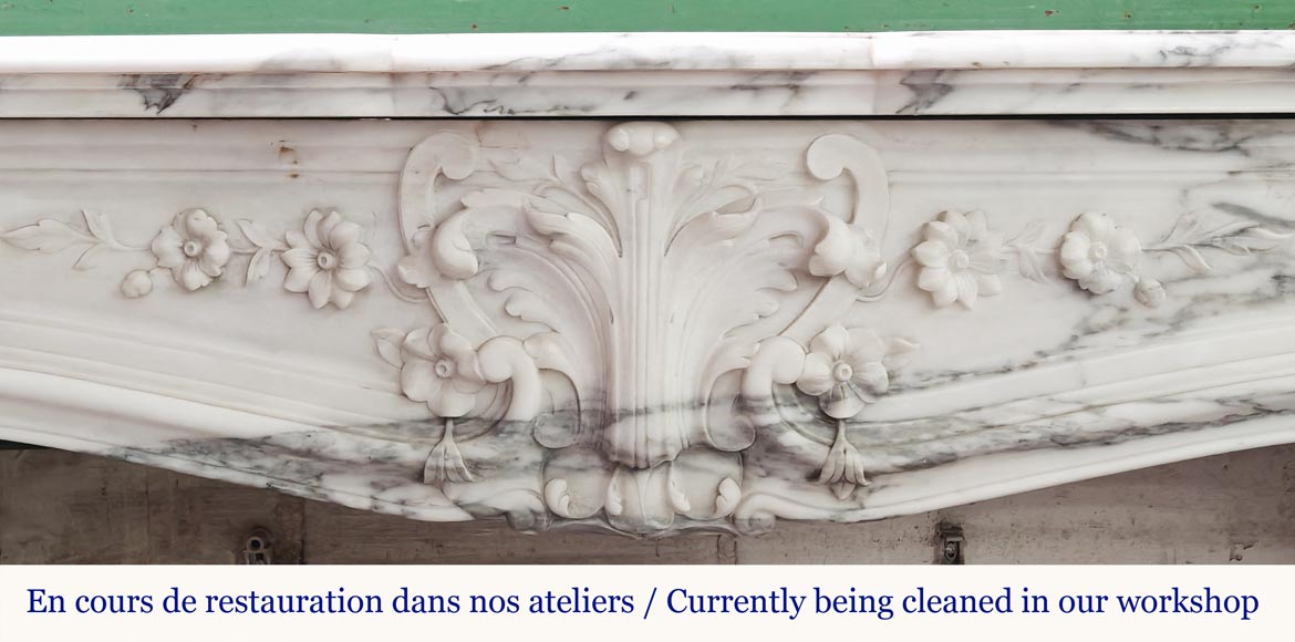 Louis XV style fireplace with floral palmette, in Arabescato marble Louis XV style fireplace with floral palmette, in Arabescato marble-1