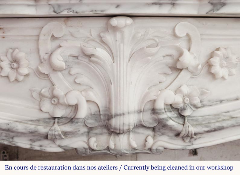 Louis XV style fireplace with floral palmette, in Arabescato marble Louis XV style fireplace with floral palmette, in Arabescato marble-2