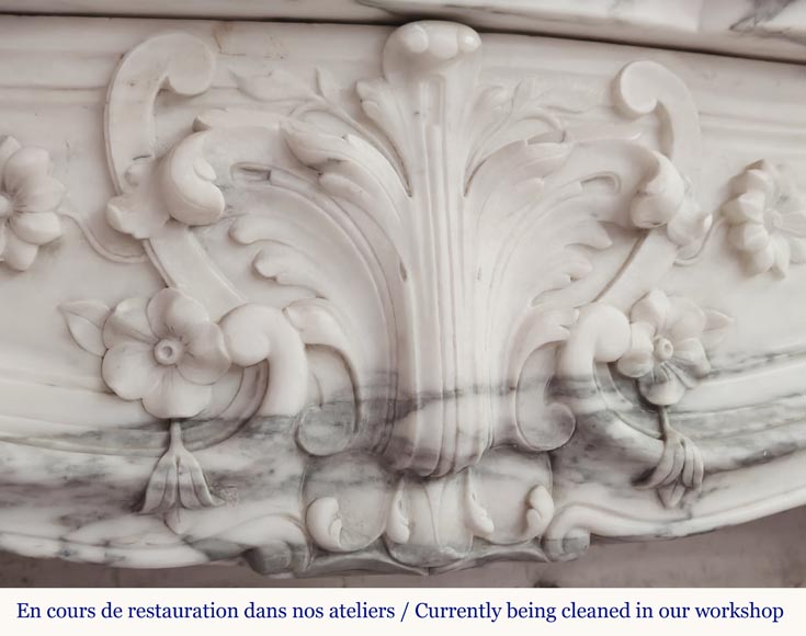 Louis XV style fireplace with floral palmette, in Arabescato marble Louis XV style fireplace with floral palmette, in Arabescato marble-3