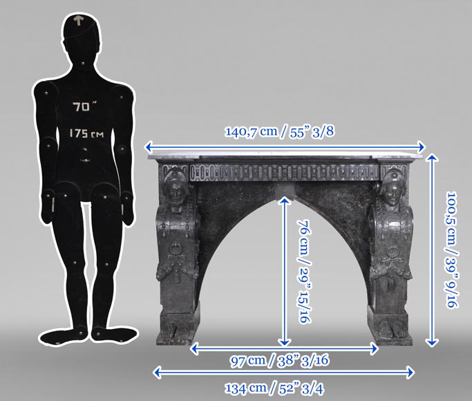 Black Granite Fireplace with Sculpted Male Figures – 18th Century Black Granite Fireplace with Sculpted Male Figures – 18th Century-16