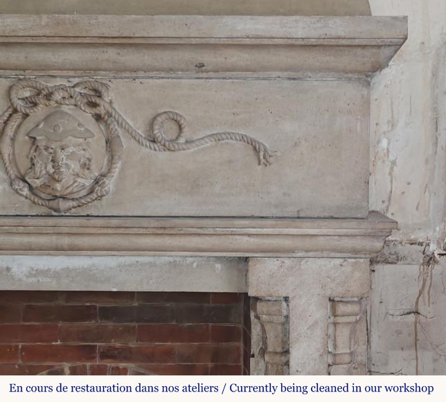 Carved stone fireplace with three-faced mask decoration Carved stone fireplace with three-faced mask decoration-6