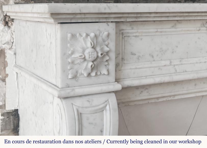 Louis XVI style fireplace in Carrara marble, decorated with a flower Louis XVI style fireplace in Carrara marble, decorated with a flower-3