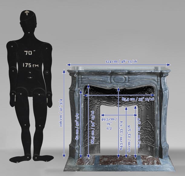 Louis XV style fireplace, Pompadour model, in blue Turquin marble Louis XV style fireplace, Pompadour model, in blue Turquin marble-10