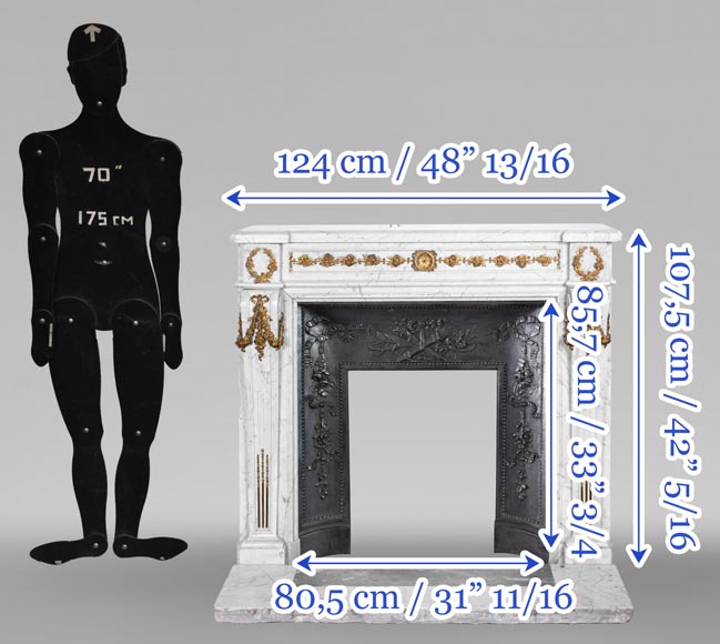 Louis XVI-Style Fireplace in Carrara Marble with Gilt Bronze Decoration Louis XVI-Style Fireplace in Carrara Marble with Gilt Bronze Decoration-17