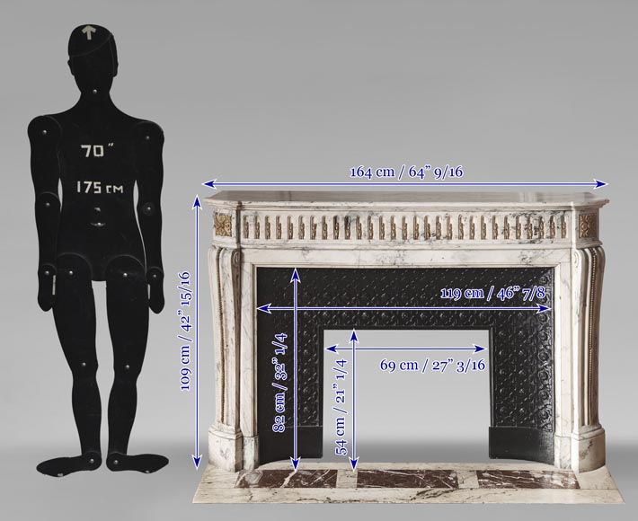 Curved Louis XVI style fireplace in veined marble, with bronze asparagus decoration Curved Louis XVI style fireplace in veined marble, with bronze asparagus decoration-11