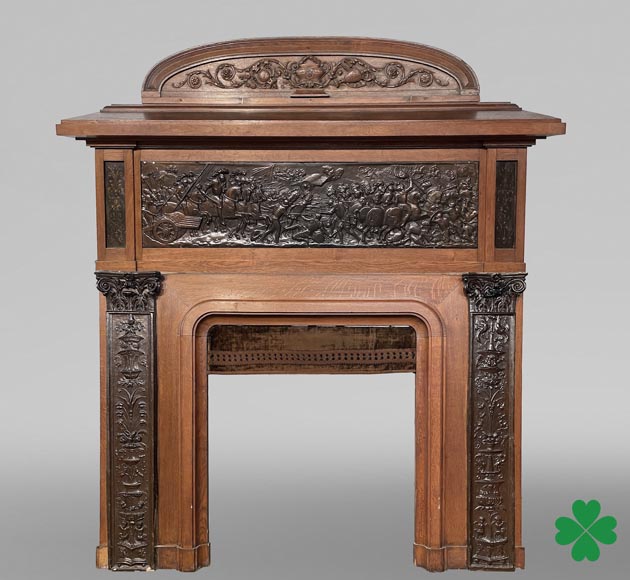 Oak Fireplace with Plaster Bas-Reliefs in Faux Bronze, dated 1896 Oak Fireplace with Plaster Bas-Reliefs in Faux Bronze, dated 1896 -0
