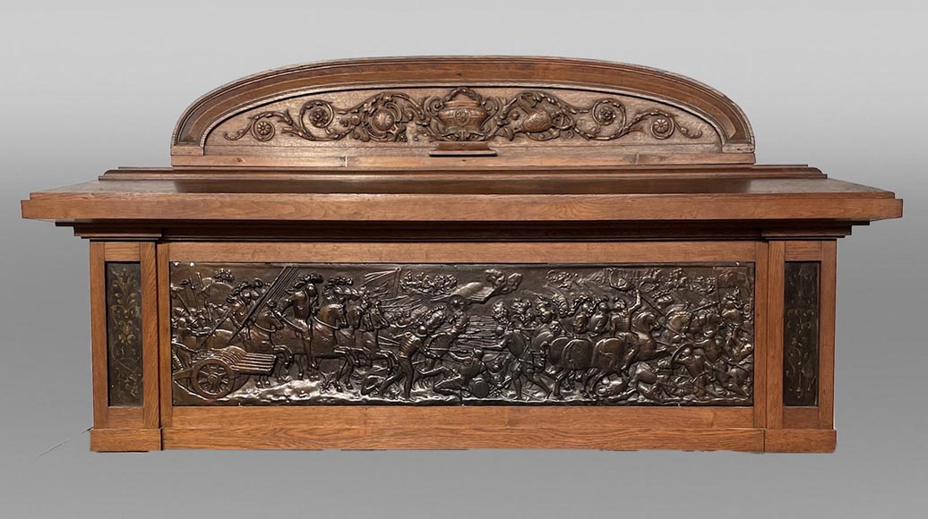 Oak Fireplace with Plaster Bas-Reliefs in Faux Bronze, dated 1896 Oak Fireplace with Plaster Bas-Reliefs in Faux Bronze, dated 1896 -1