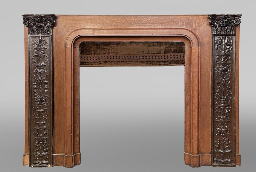 Oak Fireplace with Plaster Bas-Reliefs in Faux Bronze, dated 1896 Oak Fireplace with Plaster Bas-Reliefs in Faux Bronze, dated 1896 -2