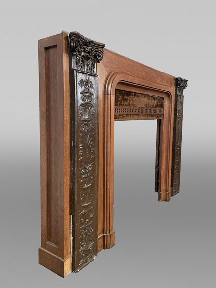 Oak Fireplace with Plaster Bas-Reliefs in Faux Bronze, dated 1896 Oak Fireplace with Plaster Bas-Reliefs in Faux Bronze, dated 1896 -9