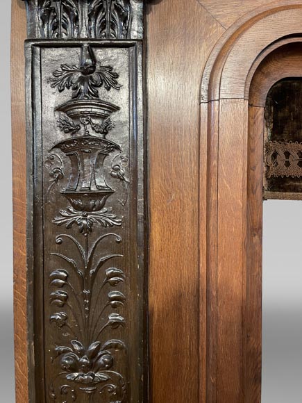 Oak Fireplace with Plaster Bas-Reliefs in Faux Bronze, dated 1896 Oak Fireplace with Plaster Bas-Reliefs in Faux Bronze, dated 1896 -11