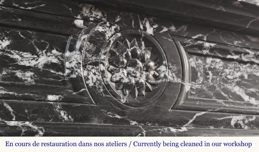 Louis XVI style fireplace decorated with a flower, in black Marquina marble Louis XVI style fireplace decorated with a flower, in black Marquina marble-2