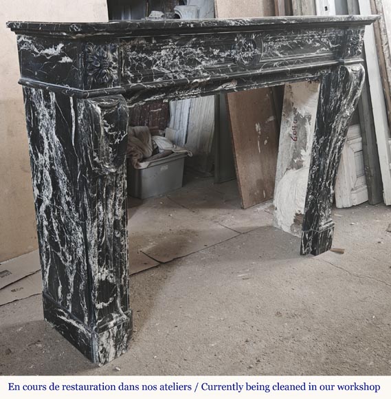 Louis XVI style fireplace decorated with a flower, in black Marquina marble Louis XVI style fireplace decorated with a flower, in black Marquina marble-3